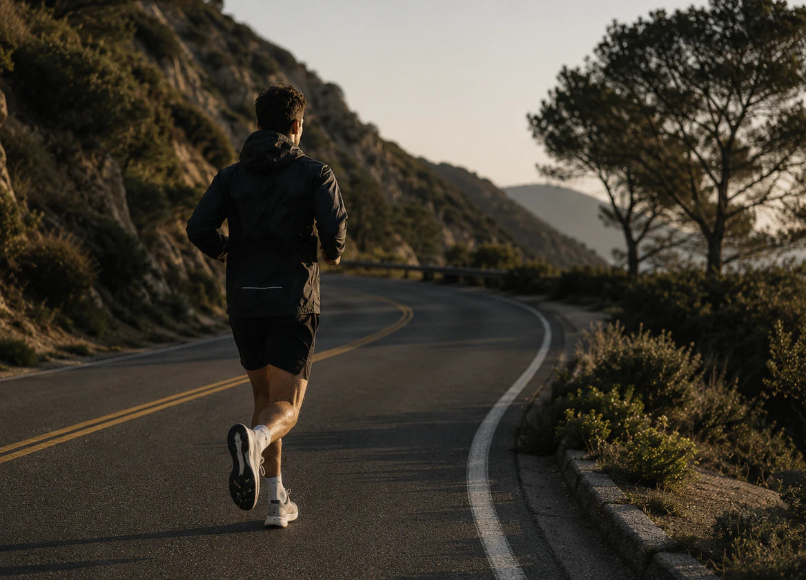 Runner on a coastal mountain road at sunset